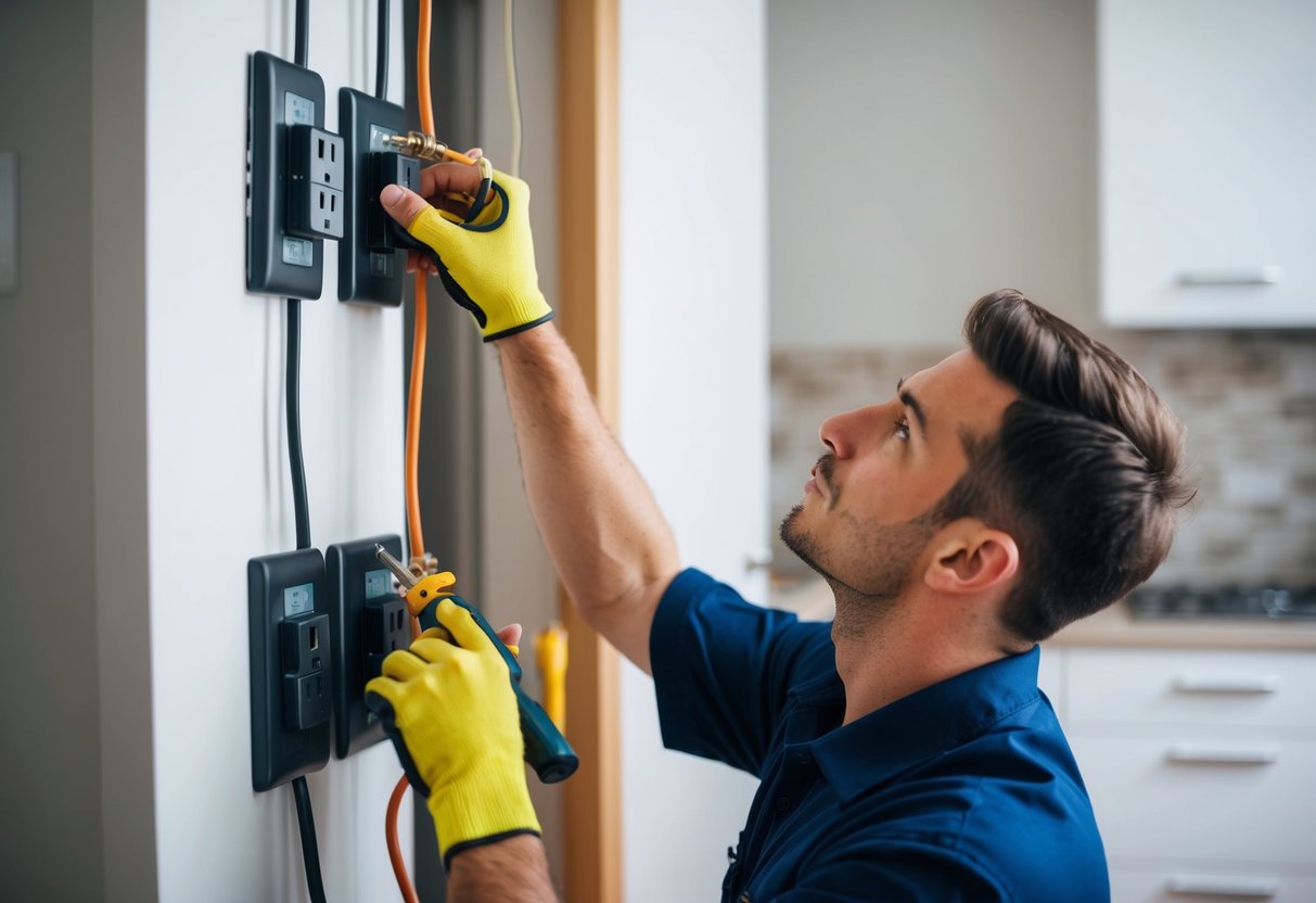 En elektriker installerar extra uttag i en lägenhet, använder verktyg och kablar för att koppla de nya uttagen till det befintliga elsystemet.